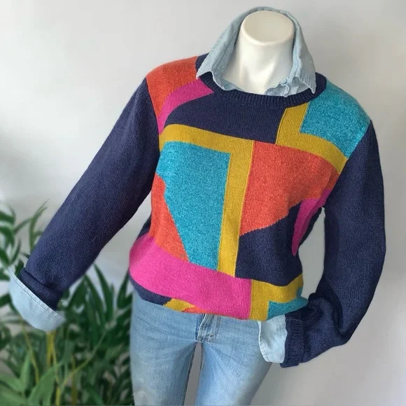 v i n t a g e :: Bold Artsy Slouchy Geometric Knit Sweater - Picture 9 of 9
